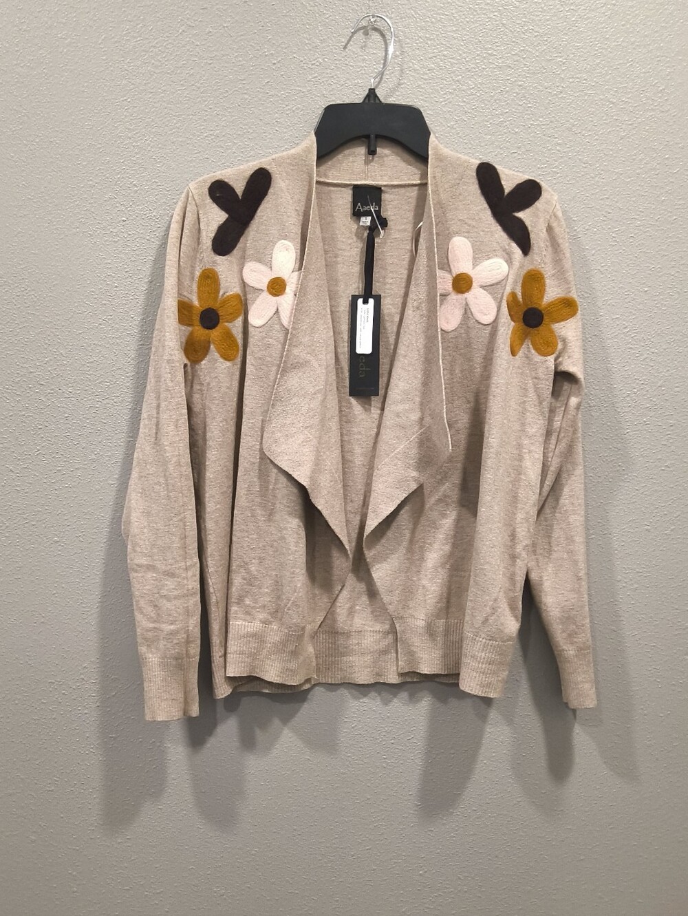 Aaeda Floral Appliqué Open Front Cardigan Sweater NWT Boho Cottagecore Size M